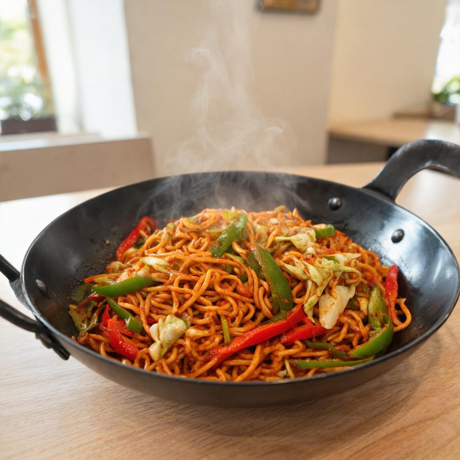 Hakka noodles tossed in the wok
