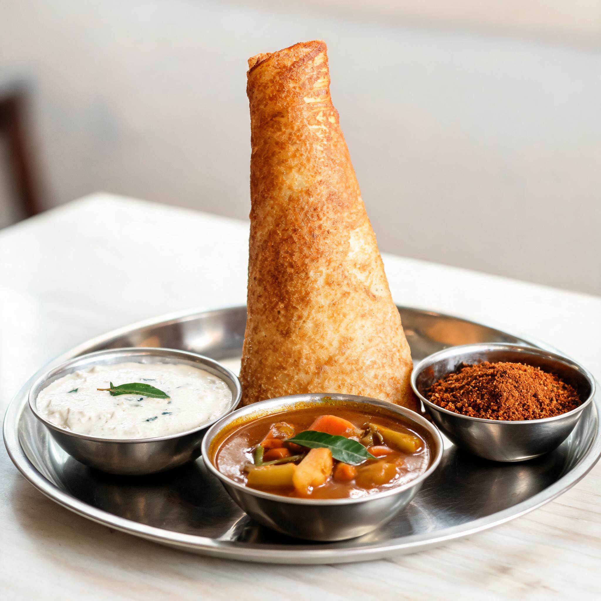 Paper dosa cone with chutney and sambar